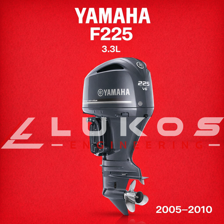 Yamaha F225 3.3L in red background with Lukos Engineering logo