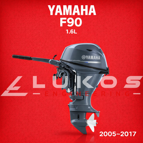 Yamaha F90 1.6L in red background with Lukos Engineering logo