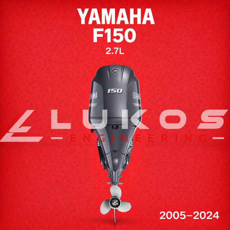 Yamaha F150 2.7L in red background with Lukos Engineering Logo