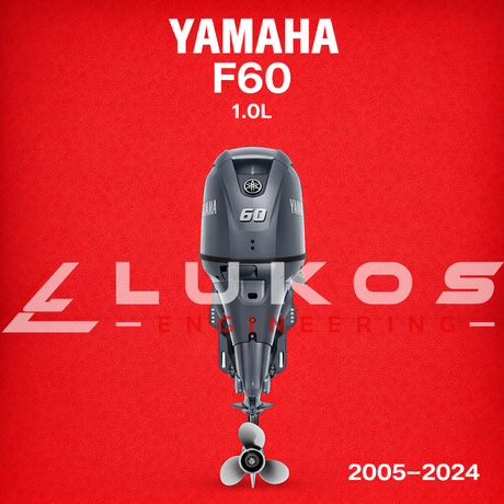 Yamaha F60 outboard motor on a red background with Lukos Engineering branding.