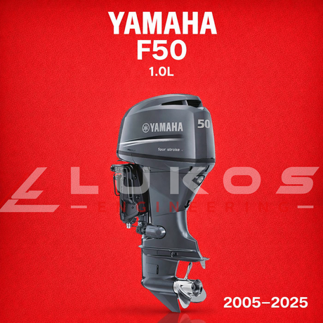 2005 to 2025 Yamaha F50 engine in red with Lukos Engineering Logo