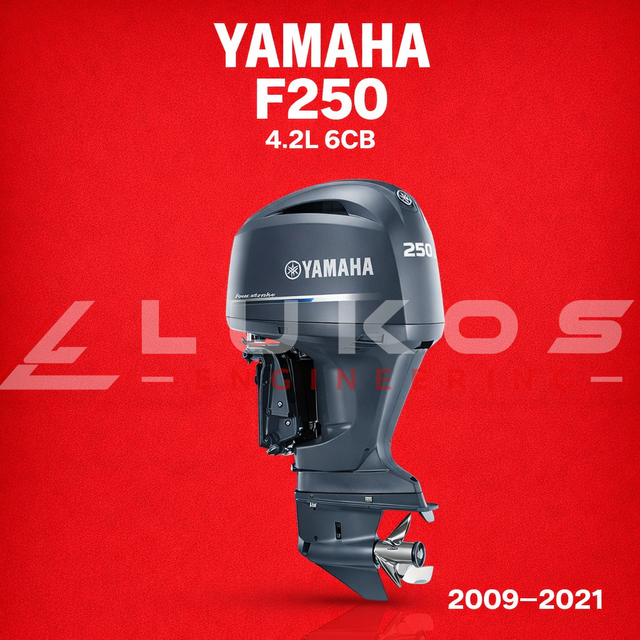 Yamaha F250 Engine in red background with Lukos Engineering
