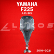 Yamaha F225 outboard motor on a red background with LUKOS logo.