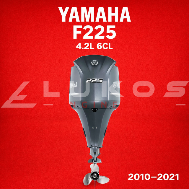 Yamaha F225 outboard motor on a red background with LUKOS logo.