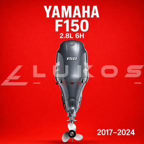 Yamaha F150 outboard motor on a red background with Luxos logo.