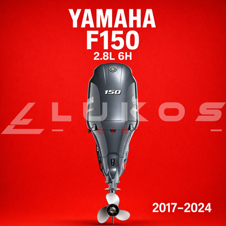 Yamaha F150 outboard motor on a red background with Luxos logo.