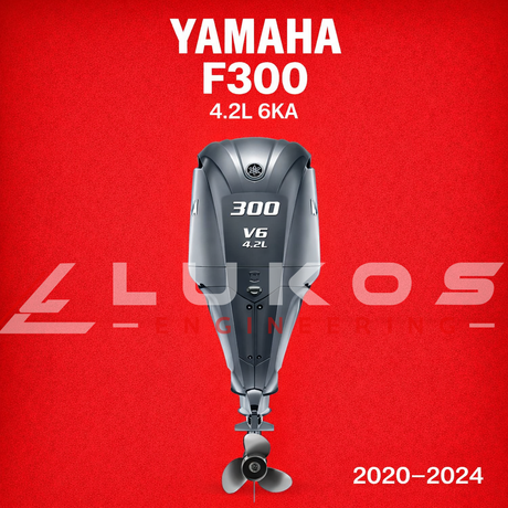 Yamaha F300 outboard motor on a red background with LUKOS Engineering logo.