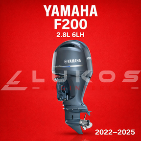Yamaha F200 outboard motor on a red background with 'Lukos' branding.