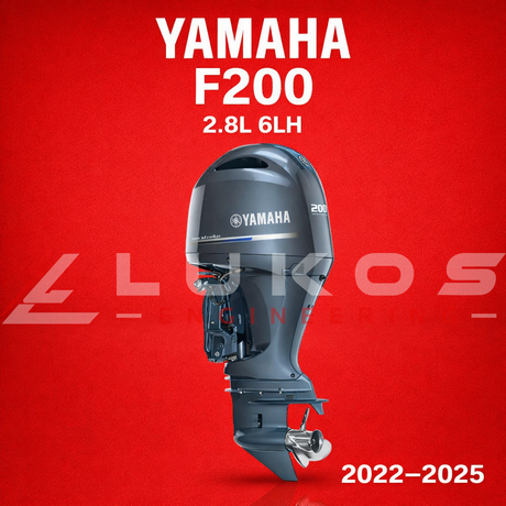 Yamaha F200 outboard motor on a red background with 'Lukos' branding.