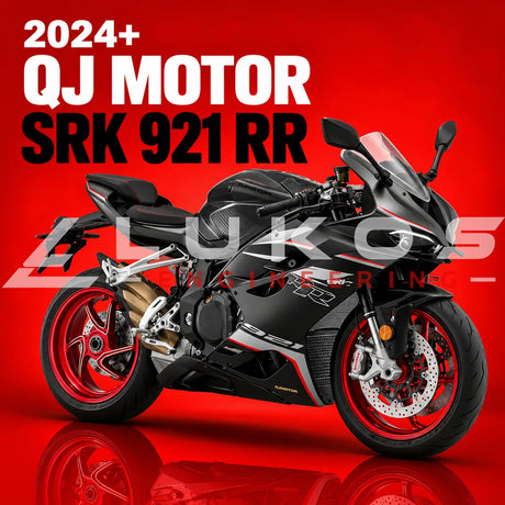 A black and red sport motorcycle shown in a studio-style promotional graphic on a red background, with large text reading '2024+ QJ MOTOR SRK 921 RR' and a faint Lukos Racing watermark across the center.