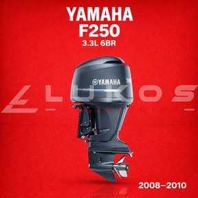 Yamaha F250 outboard motor on a red background with LUKOS logo.