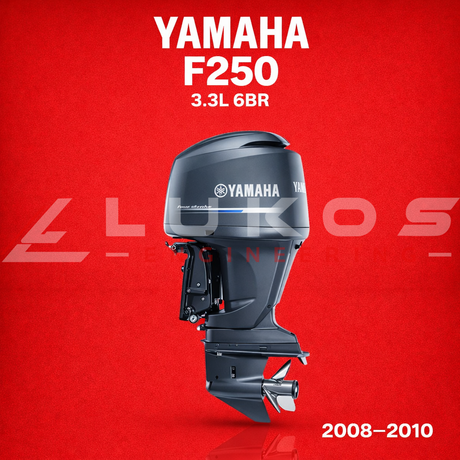 Yamaha F250 outboard motor on a red background with LUKOS logo.