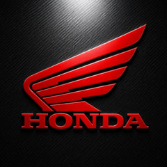 Red Honda logo on a black carbon fiber background