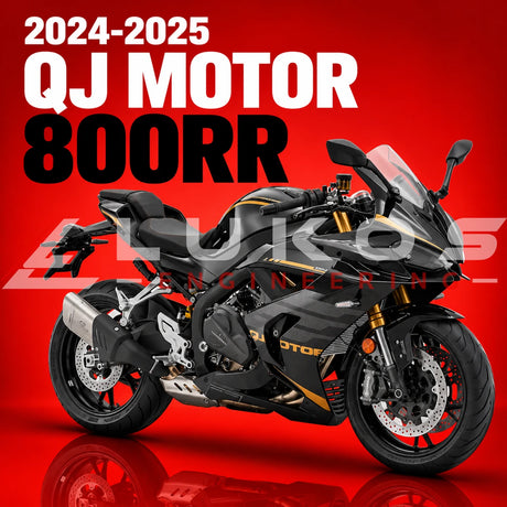A black and gold sport motorcycle shown on a red studio-style background with large text reading '2024-2025 QJ MOTOR 800RR' and a faint 'ALUKOS ENGINEERING' watermark across the center.