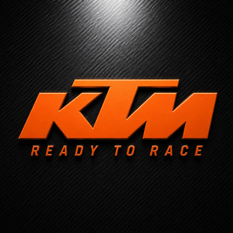 KTM logo with 'Ready to Race' text on a carbon fiber background