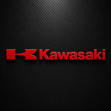 Red Kawasaki logo on a black carbon fiber background
